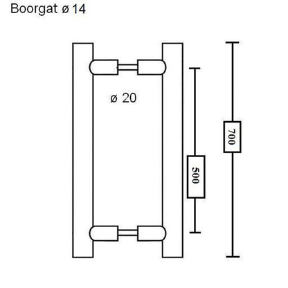 T-greep Paarsgewijs Ø20 700mm - RVS Gepolijst