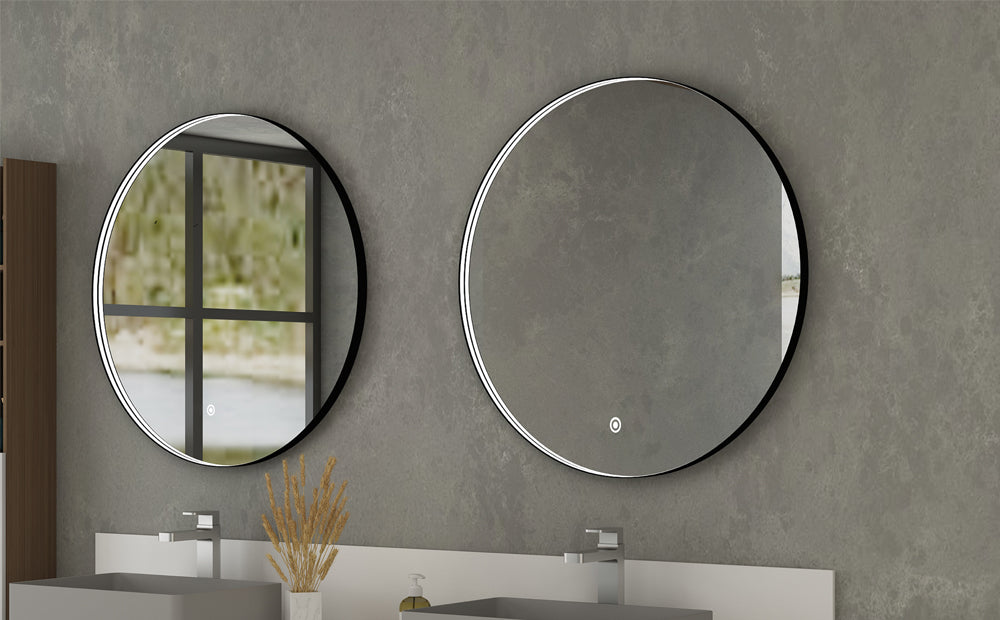 Ronde spiegel met zwart frame, met direct LED verlichting en verwarming, 600mm